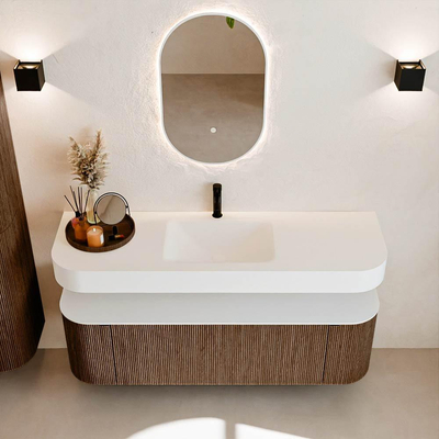 MONDIAZ THOR Meuble de salle de bains 150cm arrondi gauche + droite couleur Walnut avec 1 tiroir et 2 portes. Vasque suspendue CLOUD Milieu 1 trou de robinet couleur Talc.