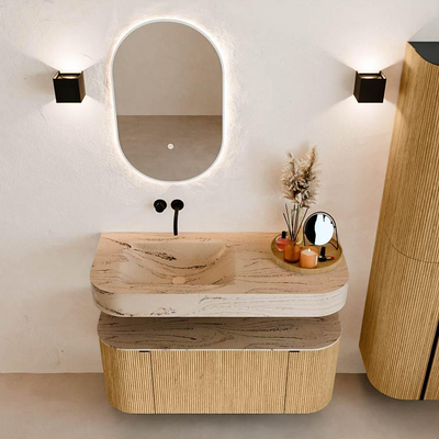 MONDIAZ THOR-DLUX 110cm badmeubel ronding links + rechts kleur Oak met 1 lade en 2 deuren. Vrijhangende wastafel CLOUD Links zonder kraangat kleur Arena.
