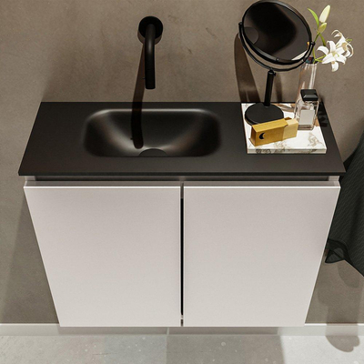 MONDIAZ TURE Toiletmeubel 60x23x50cm met 0 kraangaten 2 deuren linen mat Wastafel Eden links Solid Surface Zwart