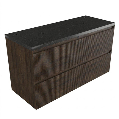 Saniclass Holz Atelier Ensemble meuble de salle de bains - 120x45x63cm - plan vasque en basalte Noche poli (noir) - 2 trous de robinetterie - 2 tiroirs - chêne charcoal mat (bois)