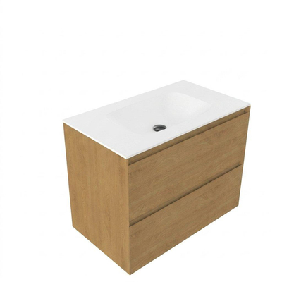 Saniclass Holz Pure Ensemble meuble de salle de bains - 80x45x61.5cm - lavabo Flow en solid surface blanc - 1 vasque - sans trou de robinetterie - 2 tiroirs - chêne natural mat (bois)