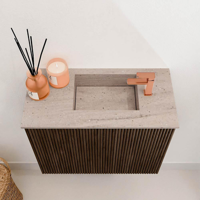 Mondiaz JOYA-DLUX 50cm toiletmeubel - kleur Walnut - Wastafel FAYE positie Rechts 1 kraangat kleur Saba.
