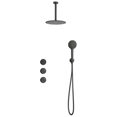 Fortifura Nebbio Ensemble de douche pluie - robinet encastré - élément encastré - coude de raccordement mural - flexible de douche en métal - douchette ronde - bras de plafond 20cm - douche de tête 30cm - gunmetal brossé PVD (anthracite)