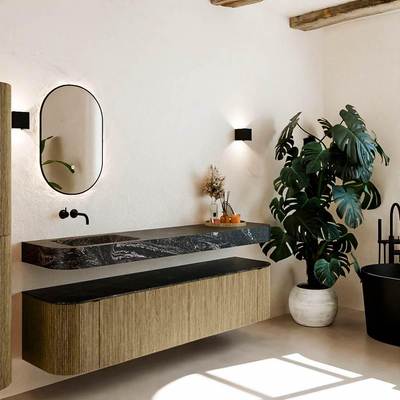 MONDIAZ THOR-DLUX 190cm meuble de salle de bains arrondi gauche + droite couleur Dusk avec 2 tiroirs et 2 portes. Vasque suspendue CLOUD gauche sans trou de robinet couleur Lava.