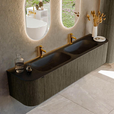 Mondiaz KURVE Ensemble de meuble salle de bain - 190x46x40cm - 2 tiroirs - 2 portes - lavabo en solid surface - double - 2 trous de robinet - Shadow