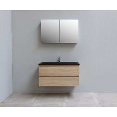 Basic Bella Meuble salle de bains avec lavabo acrylique Noir avec armoire toilette 2 portes gris 100x55x46cm 1 trou de robinet Chêne