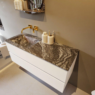 Mondiaz VICA-DLUX ensemble de meuble de salle de bain - 120cm - meuble sous-vasque talc - 2 tiroirs - lavabo encastré cloud gauche - sans trous de robinet - miroir modèle spot - version XL 60cm haut - lave