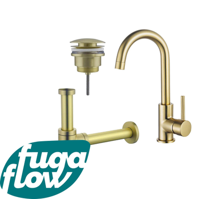 FugaFlow Eccelente Sobrado Badkamer Wastafelkraanset - hoge wastafelkraan - draaibare uitloop - klikwaste plug - design sifon - PVD Geborsteld Messing