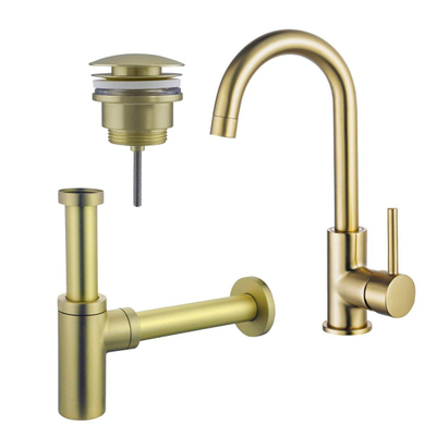FortiFura Calvi Kit robinet lavabo - robinet haut - bec rotatif - bonde clic clac - siphon design - Laiton brossé PVD