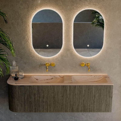 MONDIAZ KURVE-DLUX meuble de salle de bains 145 cm arrondi à gauche couleur Shadow avec 1 tiroir et 1 porte. Lavabo LEAF Double / à droite sans trou de robinet Arena.