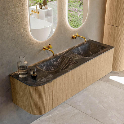 MONDIAZ KURVE-DLUX 155cm badmeubel met module 25 L kleur Oak met 2 lades en 1 deur. Wastafel LEAF dubbel / rechts zonder kraangat kleur Lava.