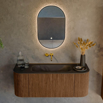 MONDIAZ KURVE 120cm Meuble salle de bain avec module 25 G et D - couleur Walnut - 1 tiroir - 2 portes - vasque BIG SMALL centre - sans trous de robinet - Urban