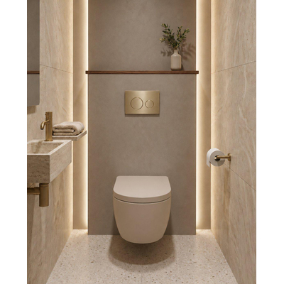 QeramiQ Dely Toiletset - 36.3x51.7cm - diepspoel - rimless - Geberit UP320 inbouwreservoir - softclose toilet zitting - 35mm - geborsteld messing bedieningsplaat - ronde knoppen - mat beige