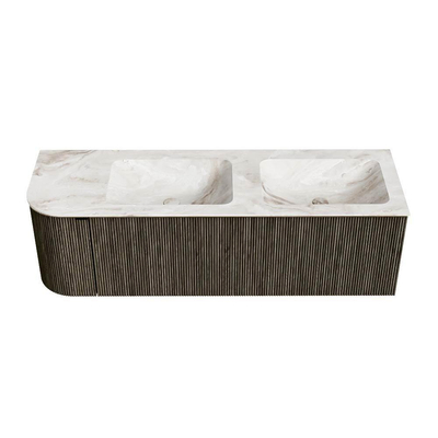 Mondiaz KURVE-DLUX Ensemble de meuble de salle de bains - 145x46x40cm - 1 tiroir - 1 porte - vasque solid surface - double / droite - sans trou de robinet - Shadow