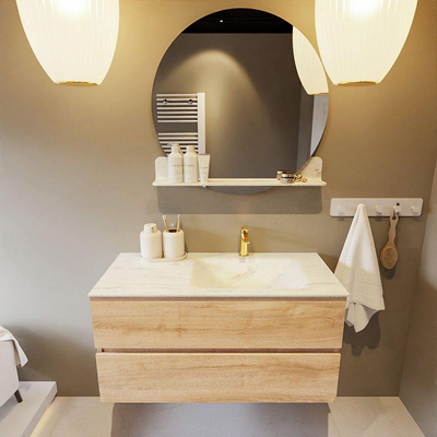 MONDIAZ VICA-DLUX Ensemble meuble de salle de bains - 100cm - sous-meuble chêne blanchi - 2 tiroirs - lavabo encastré cloud à droite - 1 trou de robinet - version haute 60cm - opalo