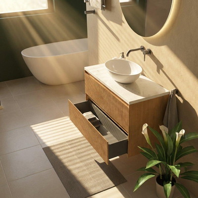 Saniclass Holz Atelier Ensemble meuble de salle de bains - 100x45x63cm - Plan vasque en marbre Dia poli (blanc) - sans trou de robinetterie - 2 tiroirs - chêne natural mat (bois)