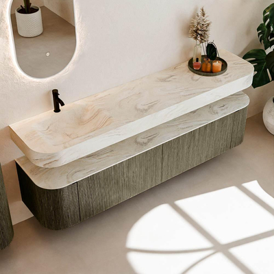 MONDIAZ THOR-DLUX 200cm meuble de salle de bains arrondi gauche + droite couleur Shadow avec 2 tiroirs et 2 portes. Vasque suspendue CLOUD Gauche 1 trou de robinet couleur Ostra.