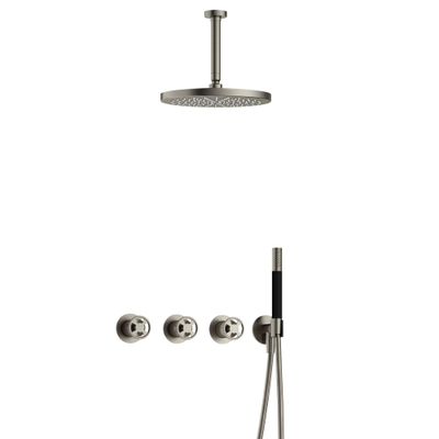 Hotbath Cobber @Work Regendoucheset - inbouw - 15cm plafondarm - 30cm ronde hoofddouche - staafhanddouche - Geborsteld nikkel