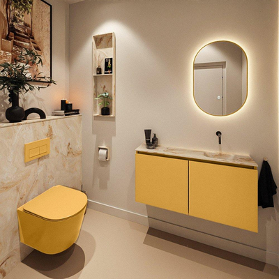 MONDIAZ TURE-DLUX Meuble toilette - 100cm - Ocher - EDEN - vasque Frappe - position droite - sans trou de robinet