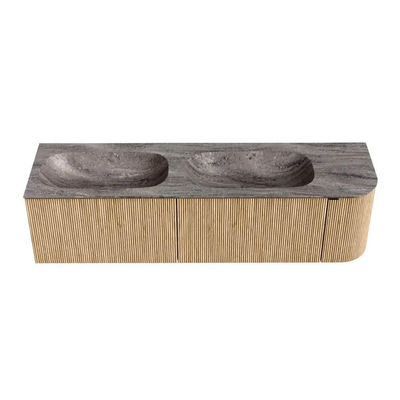 MONDIAZ KURVE-DLUX 165cm badmeubel ronding Rechts kleur Oak met 2 lades en 1 deur. Wastafel STOR SMALL Dubbel / Links 2 kraangaten Oza.