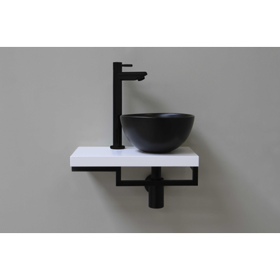 Proline fonteinset compleet met keramieken waskom mat zwart rechts, wit blad, kraan, sifon en afvoerplug mat zwart