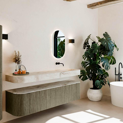 MONDIAZ THOR-DLUX 180cm meuble de salle de bains arrondi gauche + droite couleur Shadow avec 2 tiroirs et 2 portes. Vasque suspendue CLOUD droite sans trou de robinet couleur Frappe.