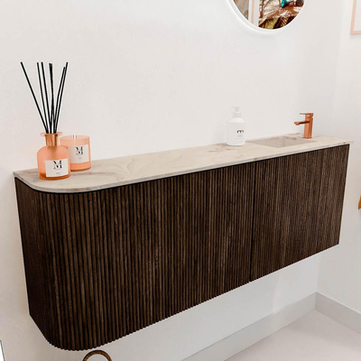 Mondiaz JOYA-DLUX 111.6cm toiletmeubel - ronding links kleur Walnut - Wastafel FAYE positie Rechts 1 kraangat kleur Frappe.