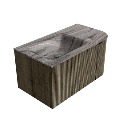 MONDIAZ KURVE-DLUX Meuble de salle de bains 85cm arrondi à droite couleur Shadow avec 1 tiroir et 1 porte. Lavabo CLOUD à gauche 1 trou de robinet Sombra.