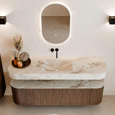 MONDIAZ THOR-DLUX 160cm meuble de salle de bains arrondi gauche + droite couleur Walnut avec 1 tiroir et 2 portes. Vasque suspendue CLOUD Milieu sans trou de robinet couleur Frappe.