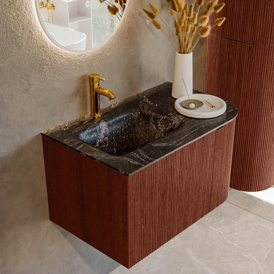 Mondiaz KURVE-DLUX Ensemble de meuble de salle de bains - 75x46x40cm - 1 tiroir - 1 porte - lavabo solid surface - gauche - 1 trou de robinet - Ruby