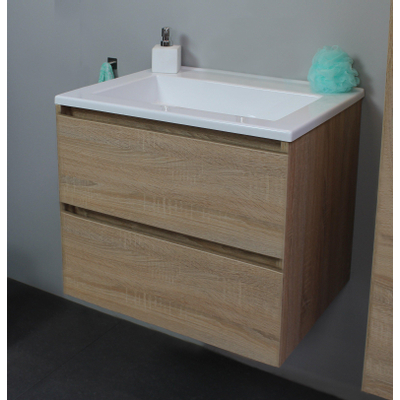 Basic Bella Meuble avec lavabo acrylique sans trou de robinet 60x55x46cm avec armoire toilette à 1 porte gris Chêne