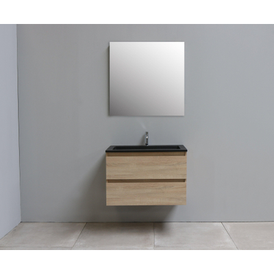 Basic Bella Meuble salle de bains avec lavabo acrylique avec miroir Noir 80x55x46cm 1 trou de robinet Chêne