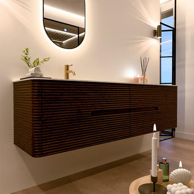 Mondiaz CIRO-DLUX Badkamermeubelset - 180x45x50cm - Solid surface wastafel Opalo - 1 wasbak Links - 1 kraangat - 4 lades - Walnut