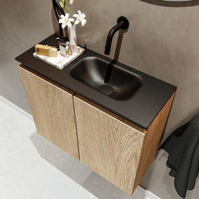MONDIAZ TURE Fonteinset - 60x23x50cm - 0 kraangaten - 2 deuren - washed oak mat - Wasbak rechts - Solid Surface Zwart