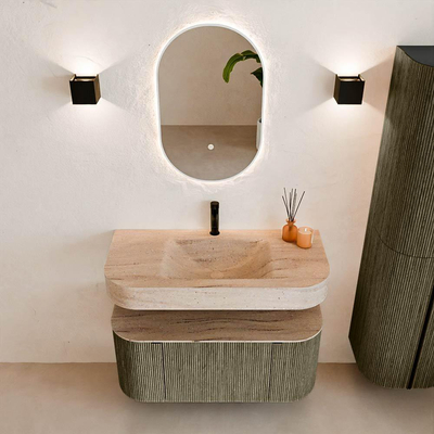 MONDIAZ THOR-DLUX 100cm meuble de salle de bains arrondi gauche + droite couleur Shadow avec 1 tiroir et 2 portes. Vasque suspendue CLOUD Milieu 1 trou de robinet couleur Saba.