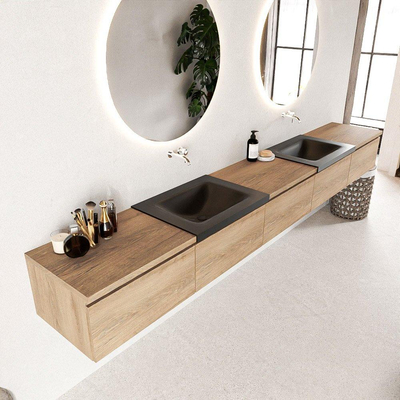 MONDIAZ BUKLA 300cm badmeubel met module 60 kleur Washed Oak met 5 lades. Wastafel CLOUD dubbel 0 kraangaten kleur Urban.