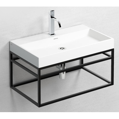 Clou Wash Me badkamermeubelset Frame 70x38x42cm Mat Zwart Wastafel keramiek glans wit met Xo 12 kraan open afvoerplug en sifon Chroom