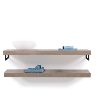 Looox Wood collection Duo wandplanken 140x46cm - 2 stuks - Met handdoekhouders zwart mat - massief eiken Old grey