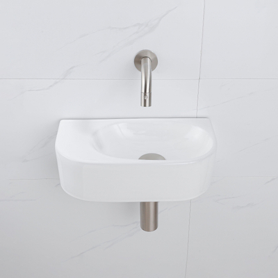 QeramiQ Fuente Ensemble de Lavabo - 40x21.5x12cm - lisse - demi-rond - céramique - ensemble de robinet en acier inoxydable brossé - bouchon de vidange - siphon réduit - blanc brillant