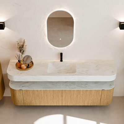 MONDIAZ THOR-DLUX Meuble de salle de bains - 190cm - arrondi gauche + droite - couleur Oak - 2 tiroirs - 2 portes - Vasque suspendue CLOUD centrale 1 trou de robinet - couleur Opalo