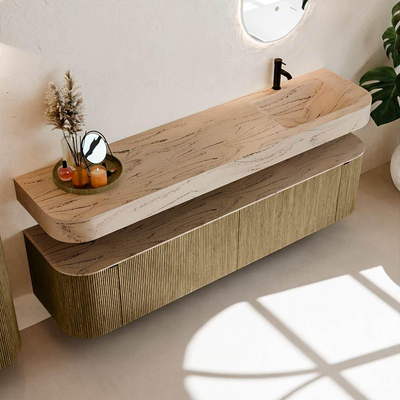 MONDIAZ THOR-DLUX Meuble de salle de bains 190cm arrondi gauche + droite couleur Dusk avec 2 tiroirs et 2 portes. Vasque suspendue CLOUD Droite 1 trou de robinet couleur Arena.