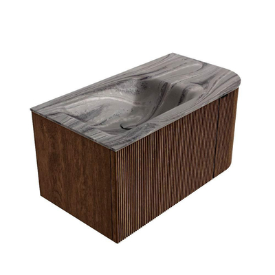 MONDIAZ KURVE-DLUX Meuble de salle de bains 85cm arrondi Droit couleur Walnut avec 1 tiroir et 1 porte. Lavabo CLOUD Gauche sans trou de robinet Sombra.