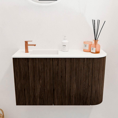 Mondiaz JOYA 71.6cm toiletmeubel - ronding rechts kleur Walnut - Wastafel FAYE positie Links 1 kraangat kleur Talc.