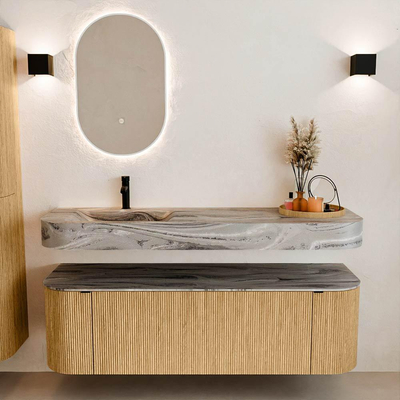 MONDIAZ THOR-DLUX 150cm meuble de salle de bains arrondi gauche + droite couleur Oak avec 1 tiroir et 2 portes. Vasque suspendue CLOUD Gauche 1 trou de robinet couleur Sombra.