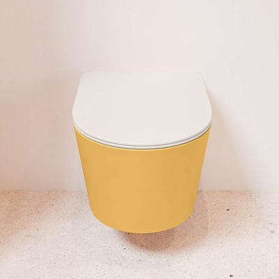 Mondiaz LAVIE hangtoilet – spoelrandloos – 36 x 53 cm – met softclose zitting – Ocher (geel), zitting Linen (offwhite)