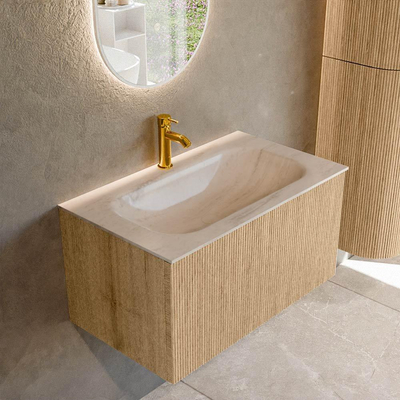MONDIAZ KURVE-DLUX 80cm badmeubel kleur Oak met 1 lade en 0 deuren. Wastafel BIG SMALL Midden 1 kraangat Meli.