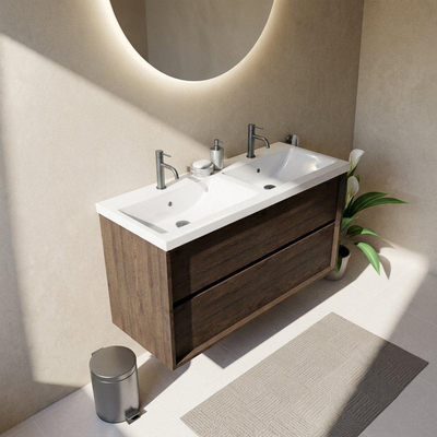 Saniclass Holz Frame Ensemble de meubles de salle de bains - 120x45x63.5cm - Bari lavabo en céramique blanc - 2 vasques - 2 trous de robinet - 2 tiroirs - chêne charcoal mat (bois)