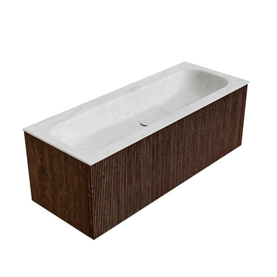 MONDIAZ KURVE-DLUX 120cm badmeubel kleur Walnut met 1 lade. Wastafel BIG LARGE midden 2 kraangaten kleur Opalo.