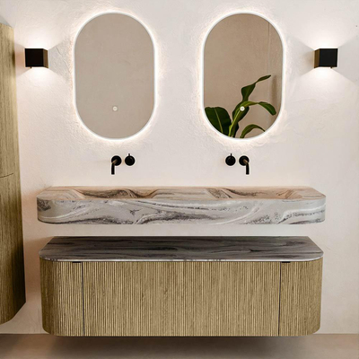 MONDIAZ THOR-DLUX 150cm meuble de salle de bains arrondi gauche + droite couleur Dusk avec 1 tiroir et 2 portes. Vasque suspendue CLOUD Double sans trou de robinet couleur Sombra.