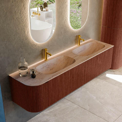 MONDIAZ KURVE-DLUX 175cm meuble de salle de bains avec arrondi à gauche couleur Ruby avec 2 tiroirs et 1 porte. Lavabo STOR SMALL Double / Droite 2 trous de robinet Saba.